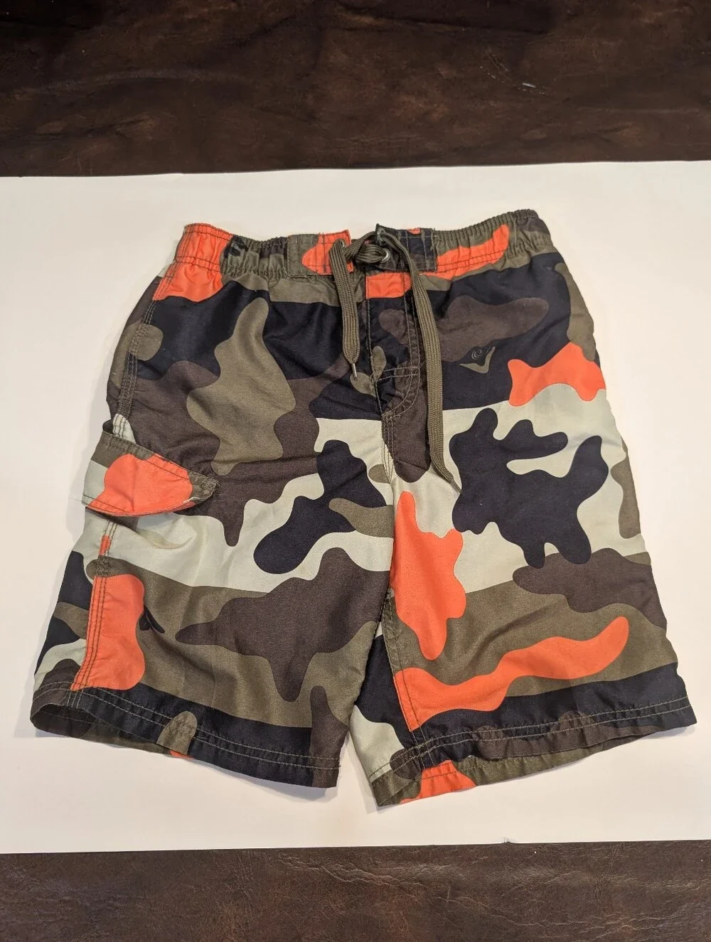 Kanu Surf Boys' Camo Swim Trunks in Olive, Black & Orange size 8